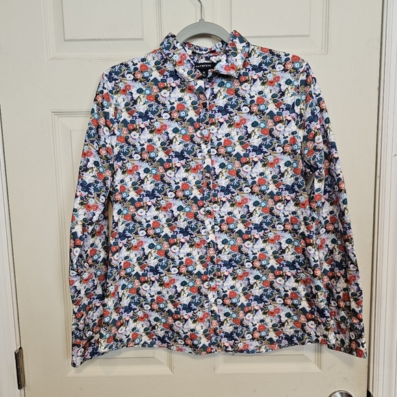 NWOT TWO Lands' End Graphic Retro Printed Button Down No Iron Supima Top - Picture 2 of 8
